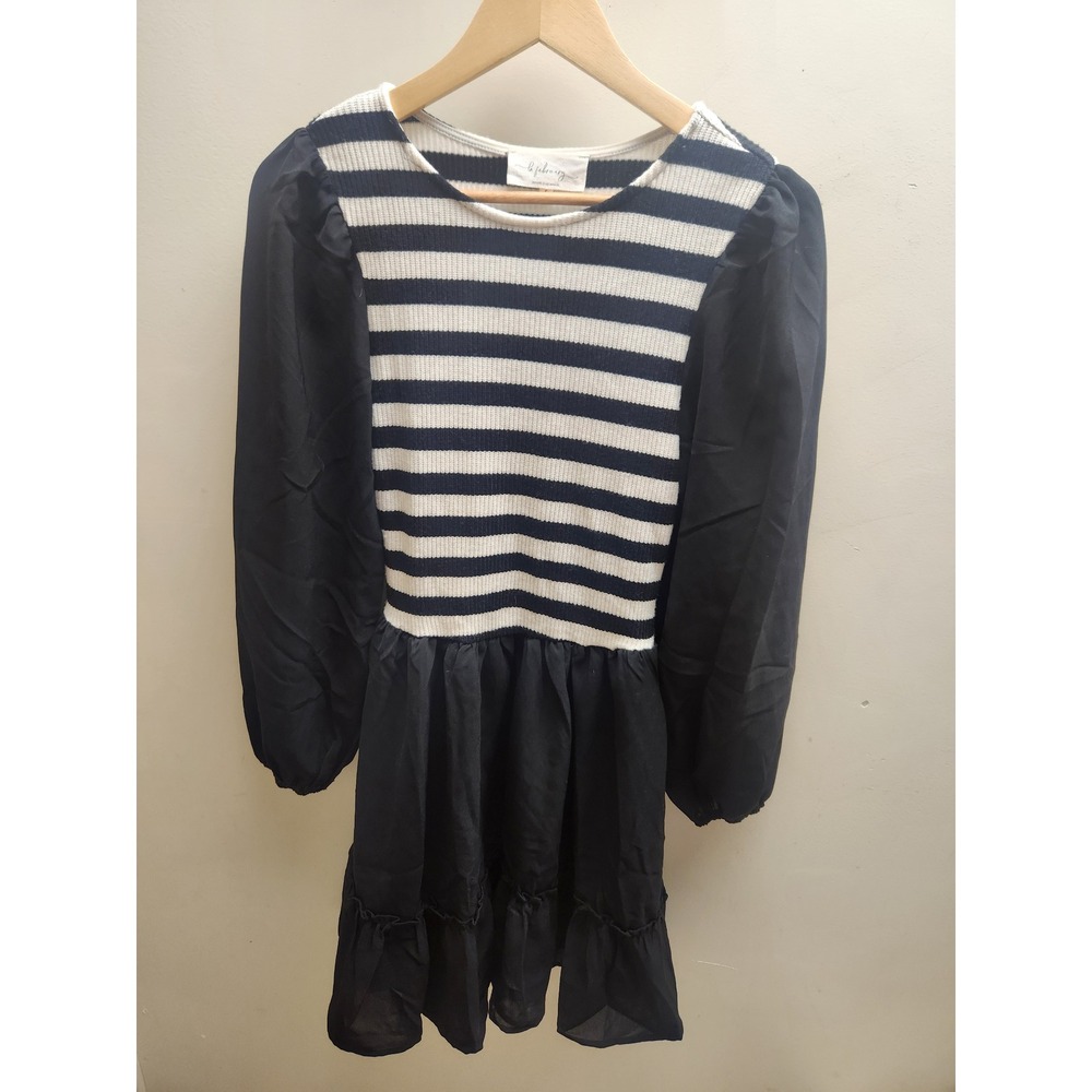 la february black white stripe puff sleeve babydoll dress women's size‎ small